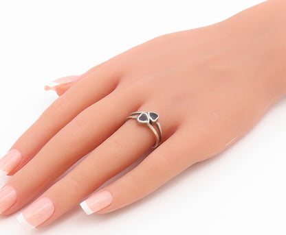 925 Sterling Silver Vintage Ring Black Onyx Double Love Heart  Sz 7.5  RG36859
