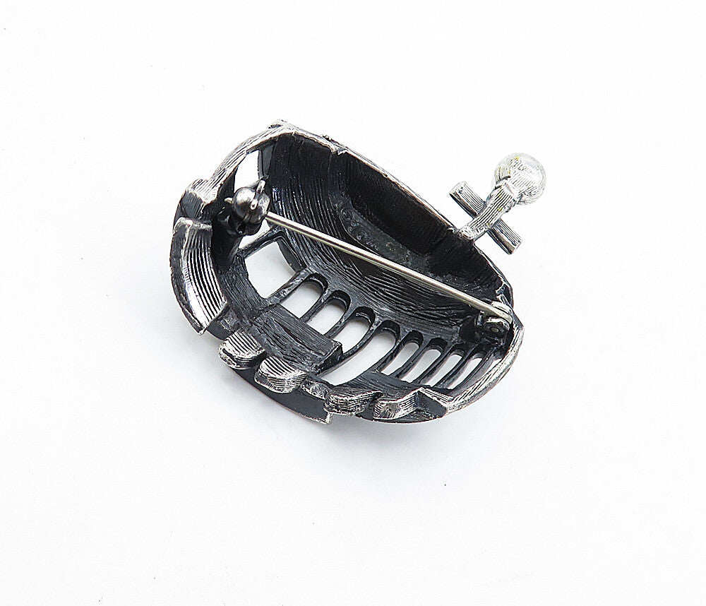 925 Sterling Silver  Vintage Dark Tone Pearl Trolley Car Brooch Pin  BP1613