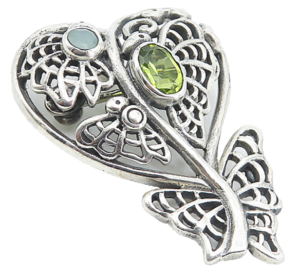 925 Sterling Silver  Vintage Topaz & Peridot Love Heart Brooch Pin  BP2925