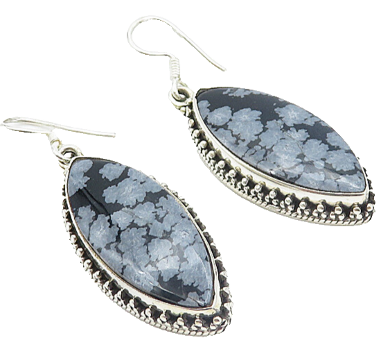 925 Sterling Silver Vintage Snowflake Obsidian Pointed Dangle Earrings EG3169