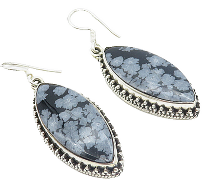 925 Sterling Silver Vintage Snowflake Obsidian Pointed Dangle Earrings EG3169