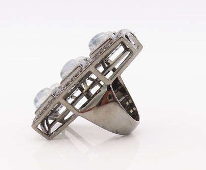 925 Sterling Silver Vintage Ring Rectangular Smoky Quartz Moonstone Sz 7 RG30800