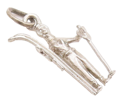 925 Sterling Silver Vintage Pendant Minimalist Carved Skiing Man Charm  PT22763