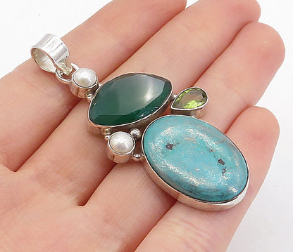 925 Silver  Vintage Pearls Turquoise Peridot & Carnelian Drop Pendant  PT3371