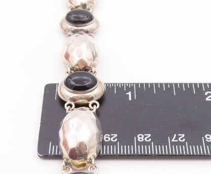 925 Sterling Silver Vintage Bracelet Black Onyx Hammered Puffy Dome Link BT12186