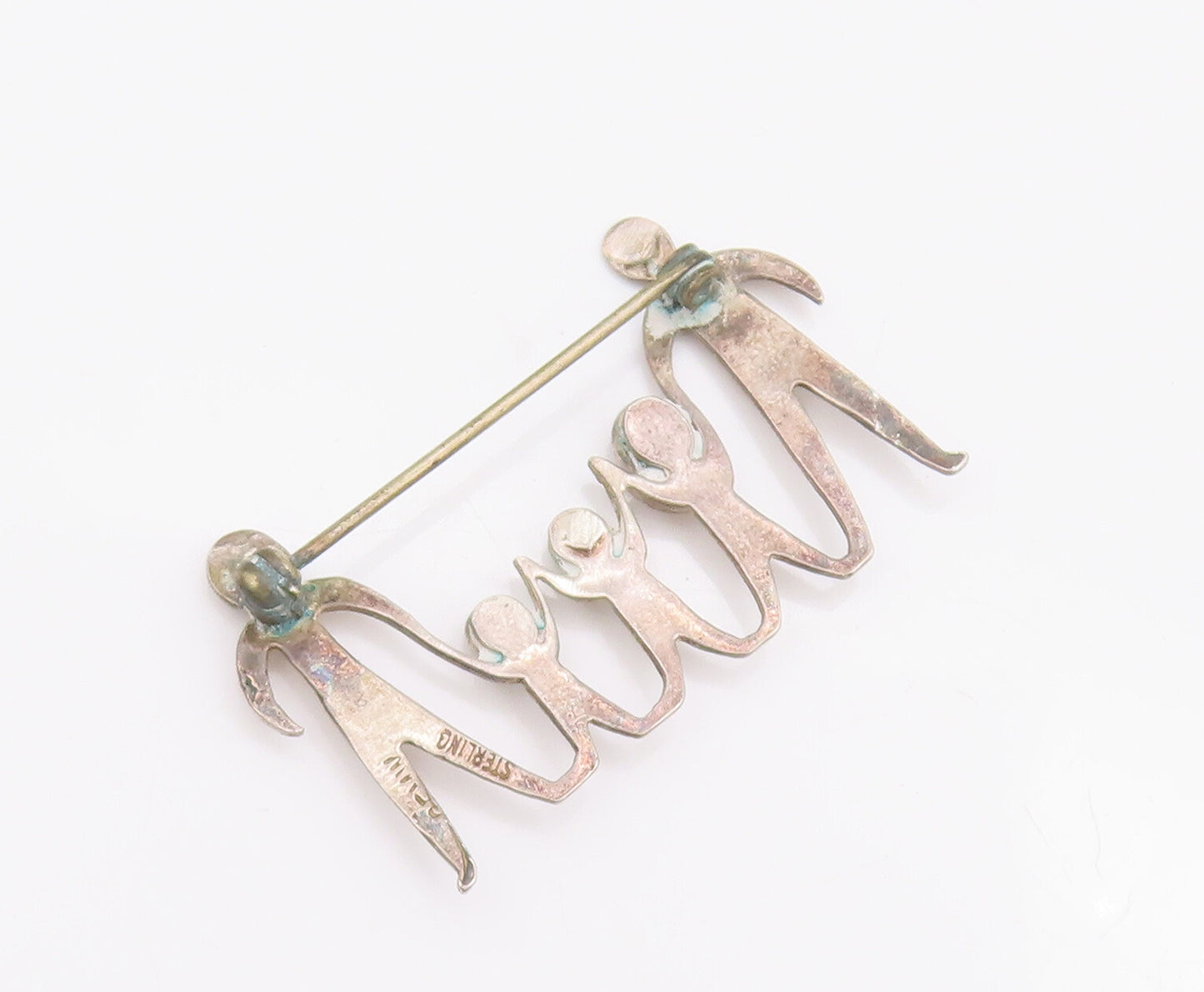 925 Sterling Silver Vintage Brooch Pin GFMW Cutout Happy Carved Family  BP10674