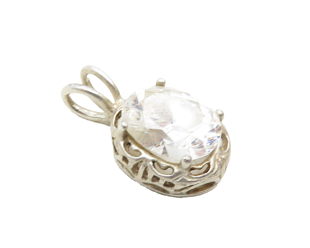 925 Sterling Silver  Vintage Faceted Cubic Zirconia Oval Drop Pendant  PT7504