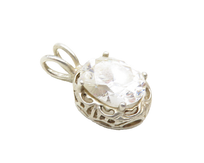 925 Sterling Silver  Vintage Faceted Cubic Zirconia Oval Drop Pendant  PT7504