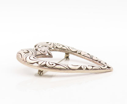 925 Sterling Silver Vintage Brooch Pin Designer Swirly Carved Heart  BP11289