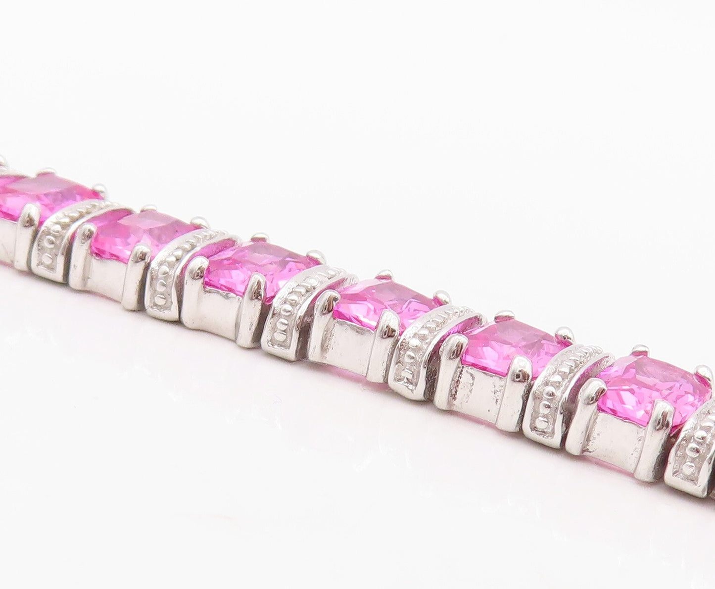 925 Sterling Silver Vintage Bracelet Rectangle Pink & White CZ Inlay  BT10866