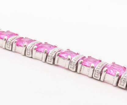925 Sterling Silver Vintage Bracelet Rectangle Pink & White CZ Inlay  BT10866