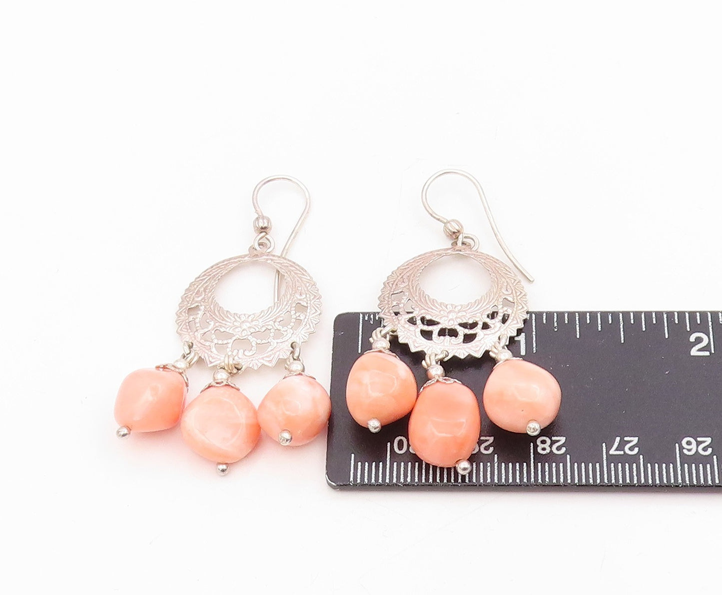 925 Sterling Silver Vintage Earrings POLAND Peach Gemstone Chandelier  EG13991