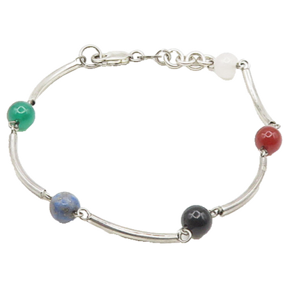 925 Silver  Vintage Onyx Quartz Lapis Lazuli & Carnelian Chain Bracelet BT7402