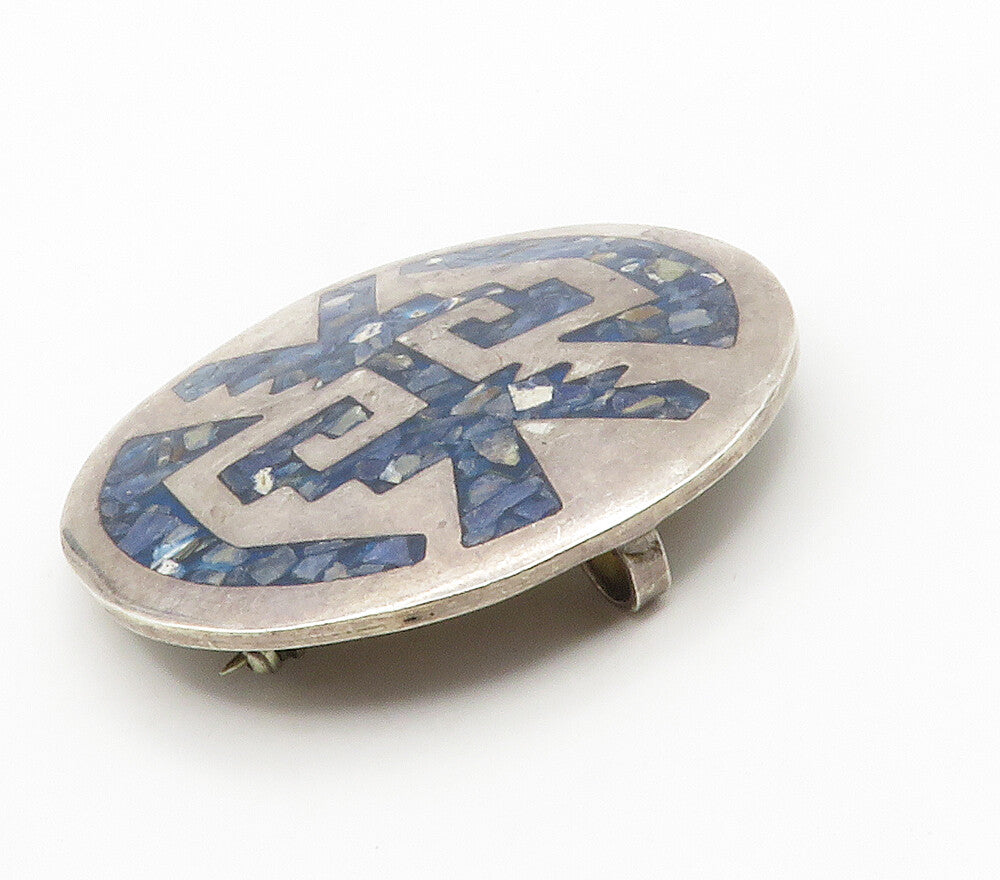 MEXICO 925 Sterling Silver  Vintage Inlaid Blue Turquoise Brooch Pin  BP5896