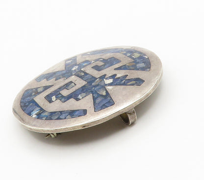 MEXICO 925 Sterling Silver  Vintage Inlaid Blue Turquoise Brooch Pin  BP5896