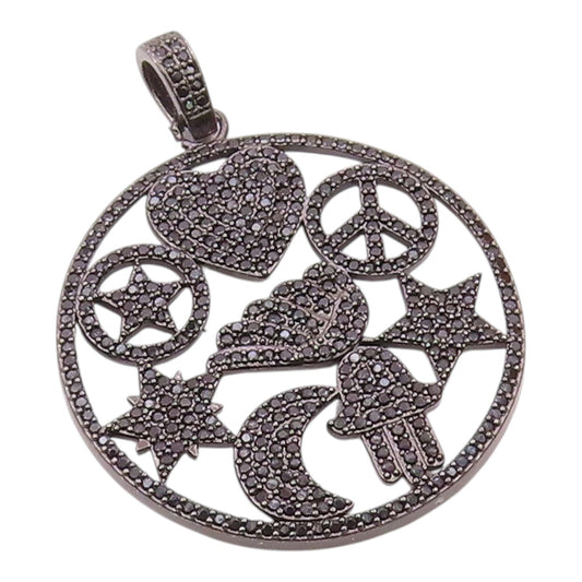 925 Sterling Silver  Vintage Black Hematite Assorted Symbols Pendant  PT16278