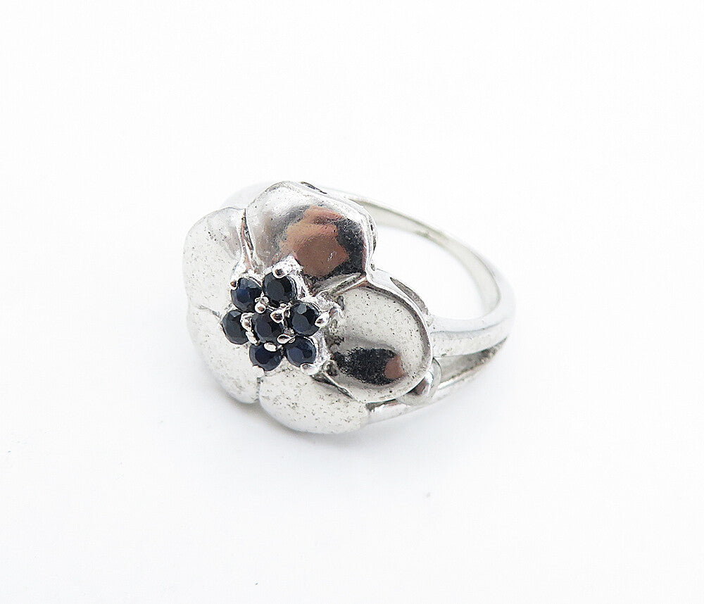 925 Sterling Silver Black Hematite Shiny Floral Statement Ring Sz 6.5 RG6573