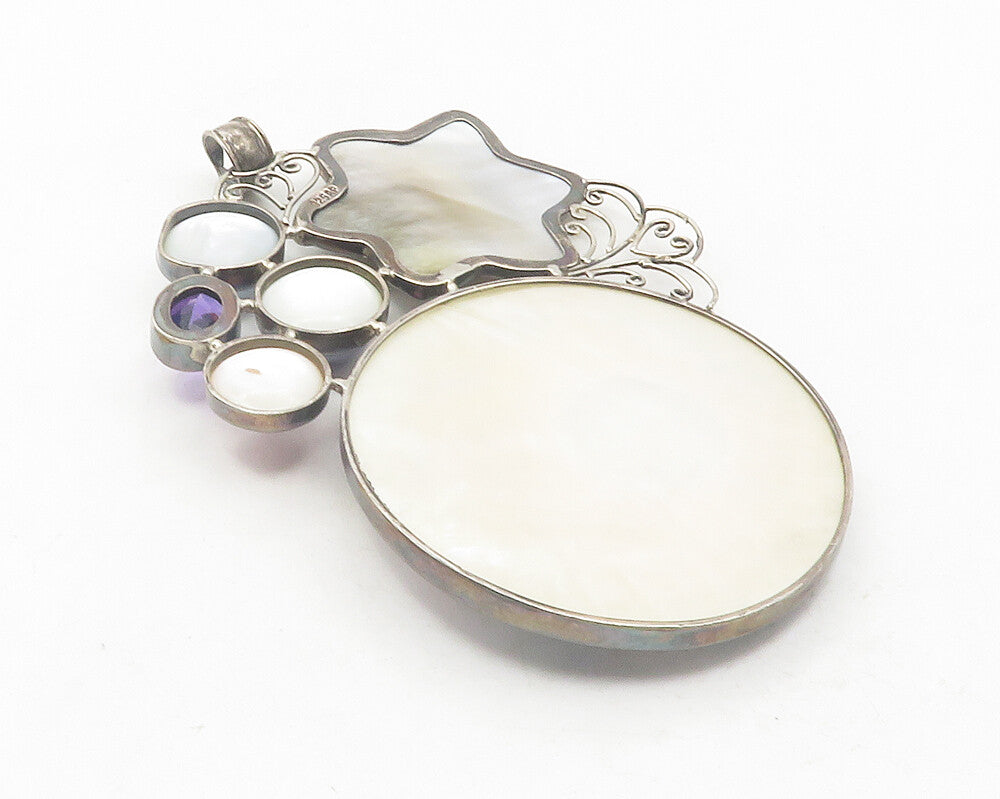 925 Sterling Silver  Vintage Mother Of Pearl & Pearls Floral Pendant  PT9476