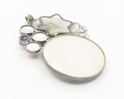 925 Sterling Silver  Vintage Mother Of Pearl & Pearls Floral Pendant  PT9476