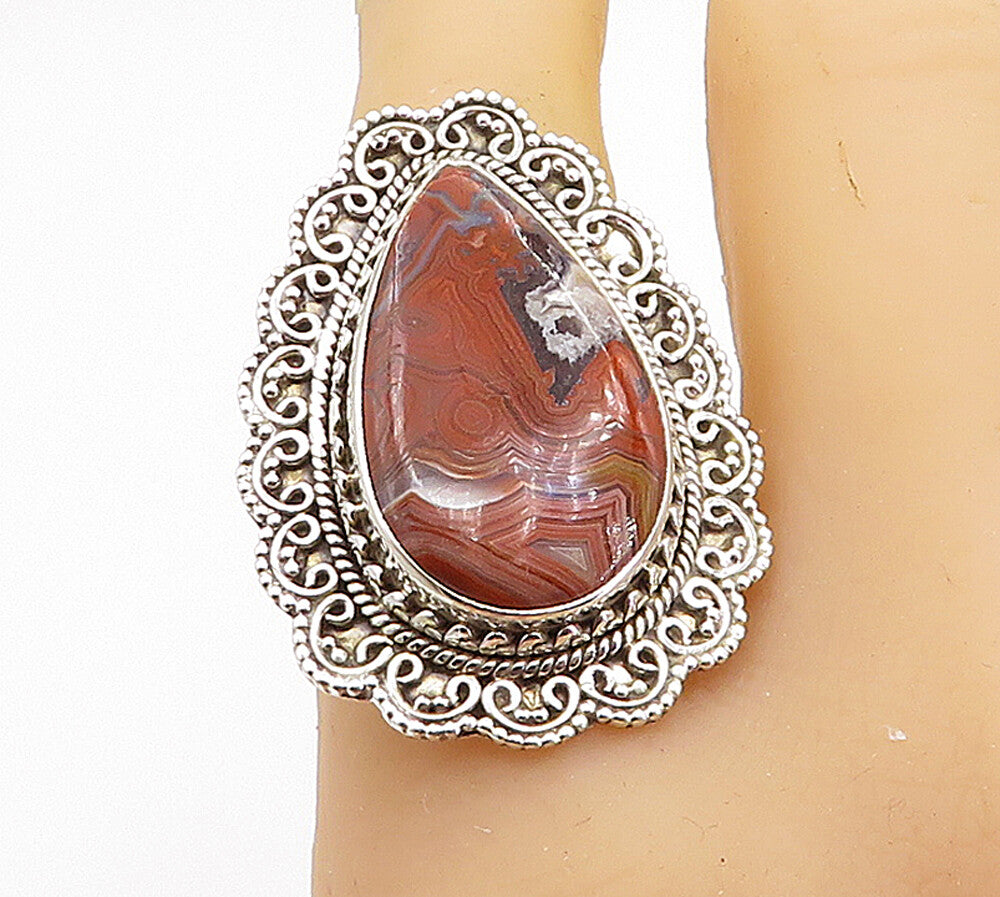 925 Sterling Silver  Vintage Agate Swirl Border Cocktail Ring Sz 10  RG8102