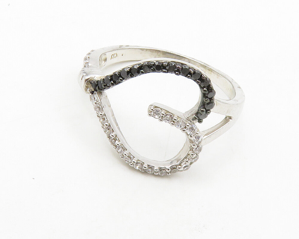 925 Sterling Silver  Hematite & Cubic Zirconia Heart Band Ring Sz 9  RG13990