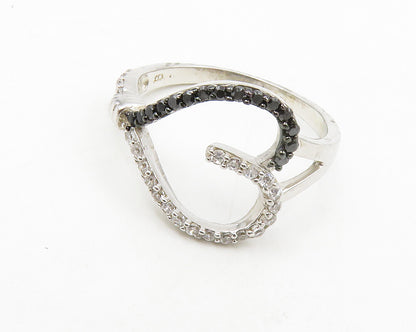 925 Sterling Silver  Hematite & Cubic Zirconia Heart Band Ring Sz 9  RG13990