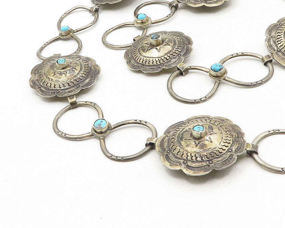 NAVAJO 925 Sterling Silver  Vintage Turquoise Oxidized Star Etched Belt TR1670