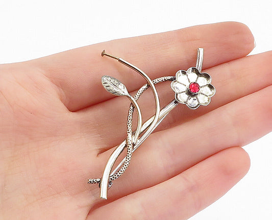925 Sterling Silver  Vintage Red Topaz Shiny Floral Vine Brooch Pin  BP1154