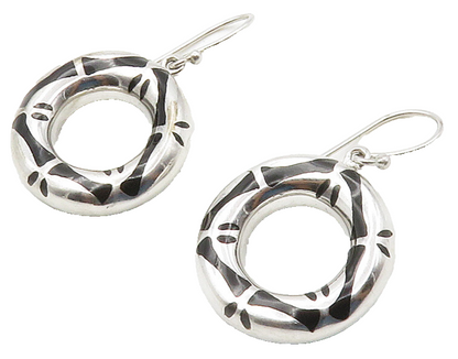 925 Sterling Silver  Black Onyx Open Circle Shiny Dangle Earrings  EG7828