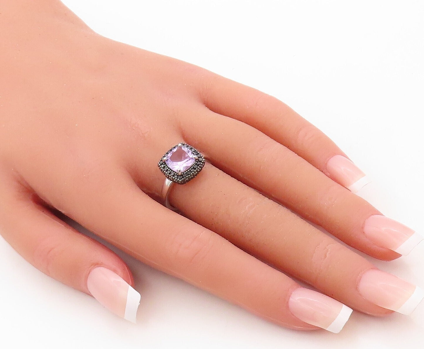 925 Sterling Silver Vintage Ring Square Amethyst Halo Spinel  Sz 7  RG30879