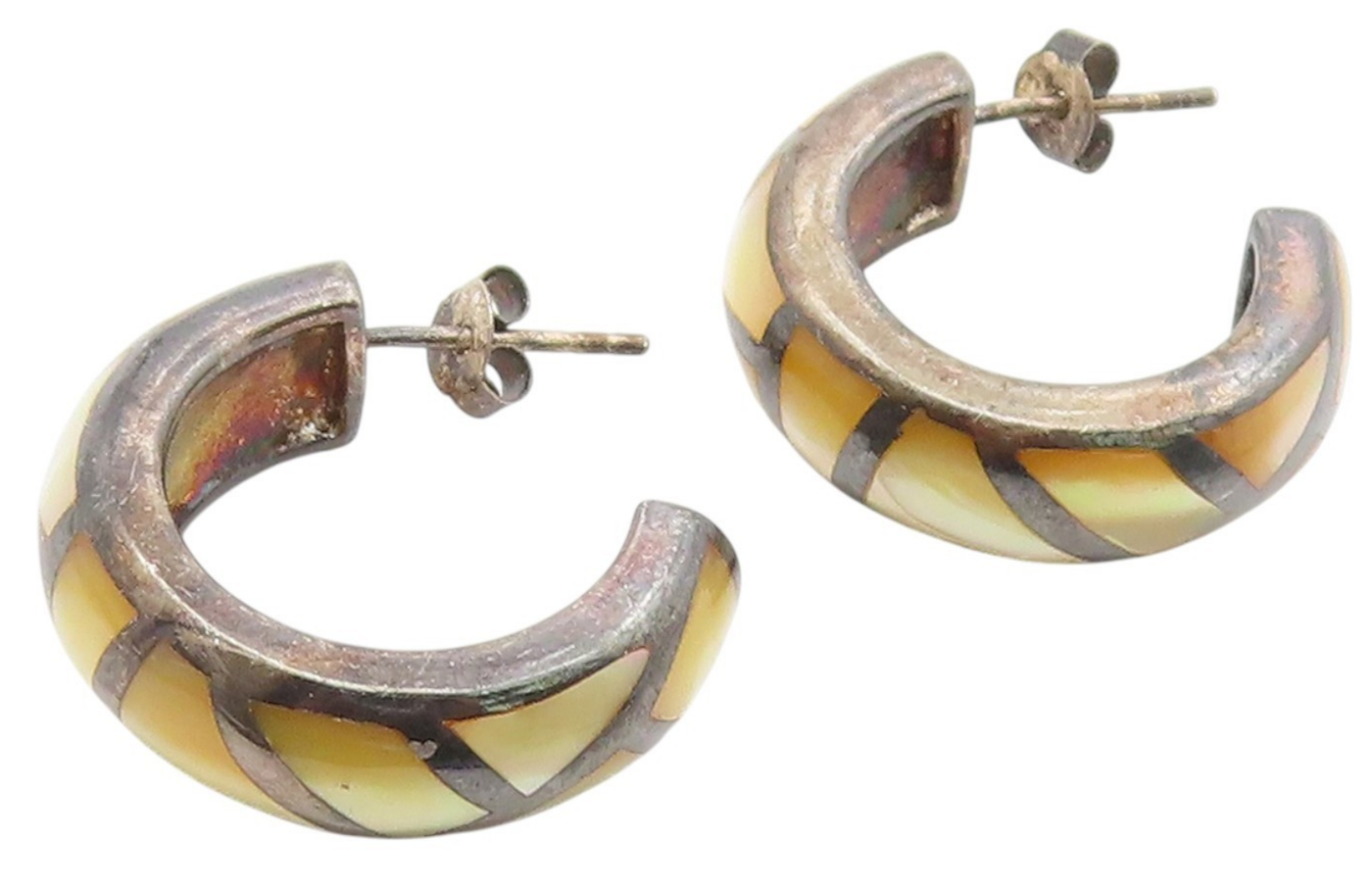925 Sterling Silver Vintage Earrings Mother Of Pearl Geometric Inlay  EG13870