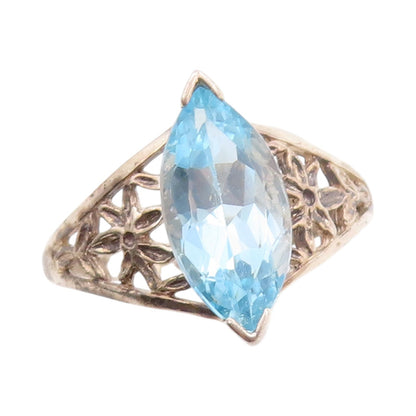 925 Sterling Silver Vintage Ring Marquise Topaz Flowers Cutout  Sz 10  RG32754