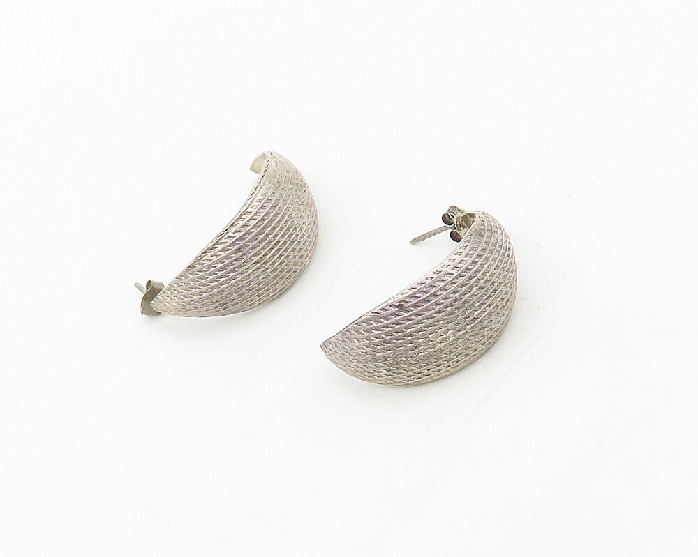 MEXICO 925 Sterling Silver  Vintage Textured Pointed J Hoop Earrings  EG9206