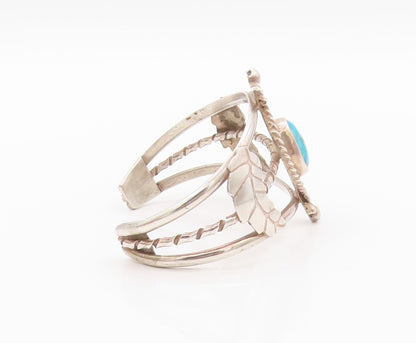 925 Sterling Silver Vintage Bracelet Floral Cutout Turquoise Cuff  BT11129