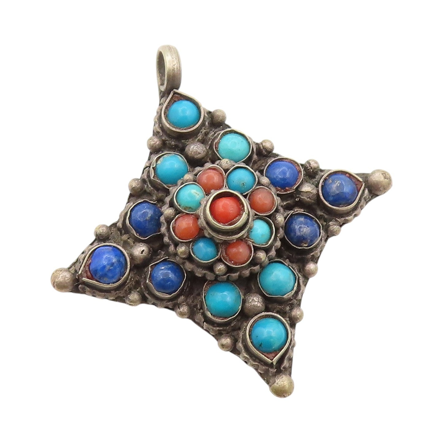 925 Sterling Silver Vintage Pendant Turquoise Lapis Lazuli Carnelian  PT24166