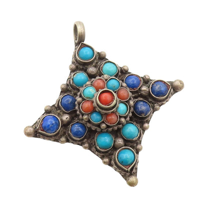 925 Sterling Silver Vintage Pendant Turquoise Lapis Lazuli Carnelian  PT24166