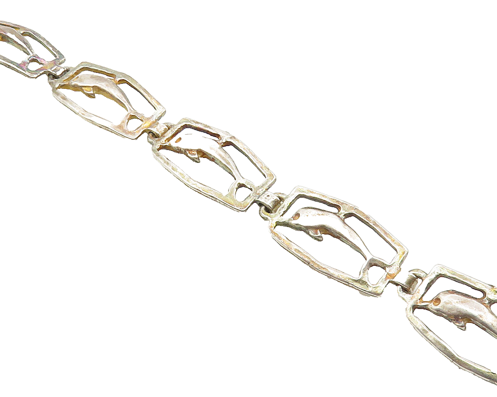 925 Sterling Silver  Vintage Leaping Dolphin Motif Link Chain Bracelet  BT4322