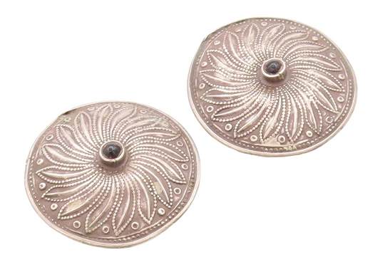 925 Sterling Silver Vintage Earrings SUDHA Dark Tone Carved Onyx Flower EG13272