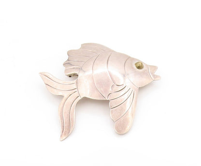 925 Sterling Silver Vintage Brooch MEXICO Etched Tropical Fish Design  BP11854