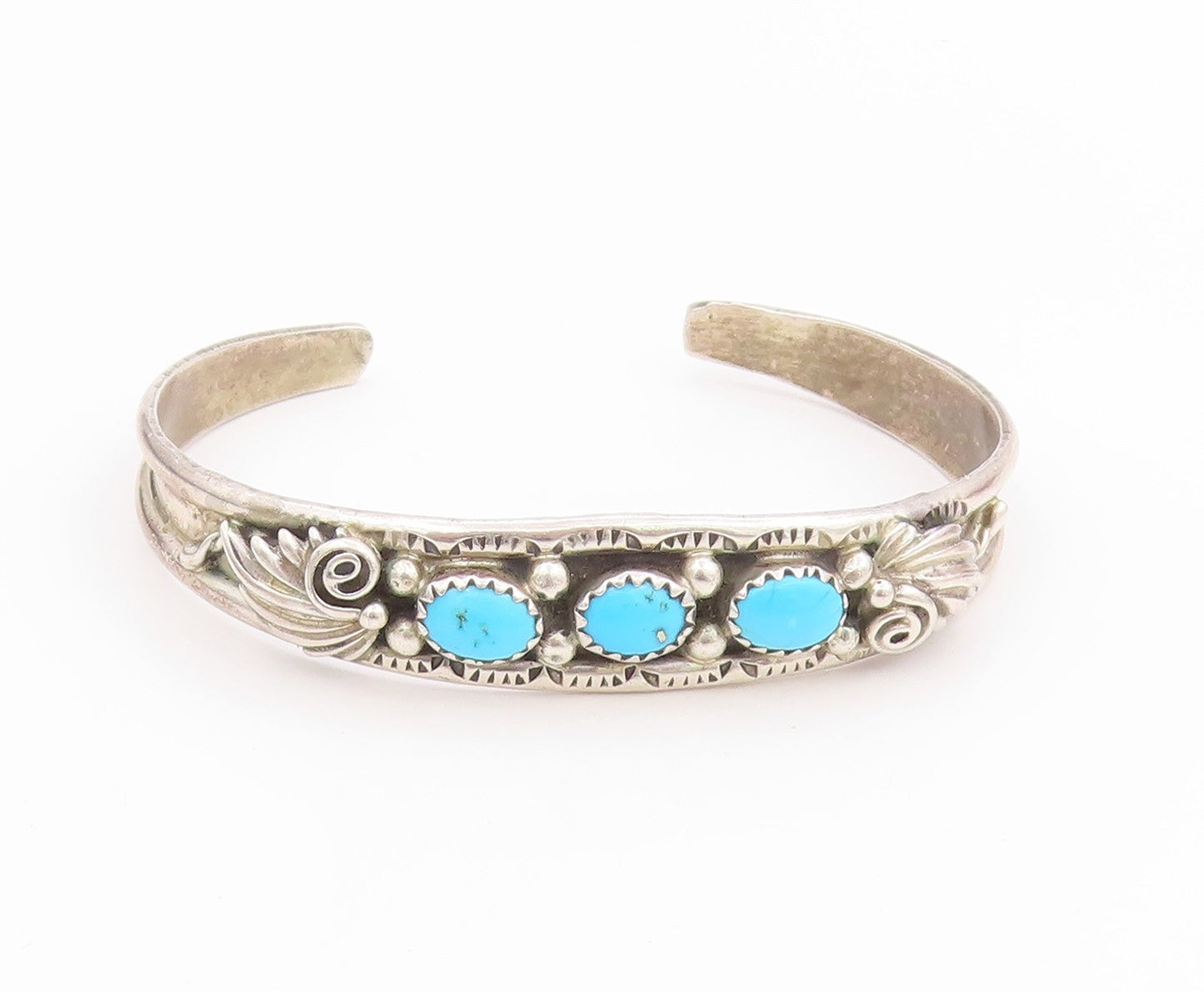 925 Sterling Silver Vintage Bracelet NAVAJO ZUNI Three Stone Turquoise  BT11779