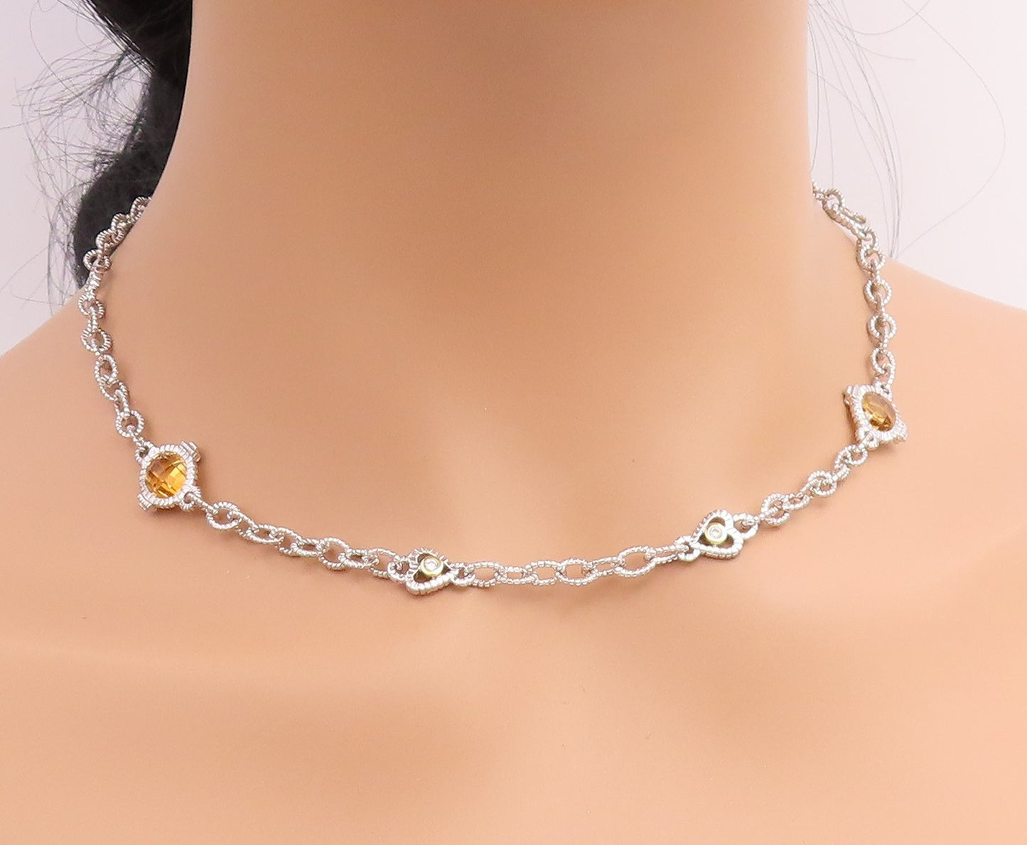 18k Gold & 925 Sterling Silver Vintage Necklace Faceted Citrine Chain  NE4918