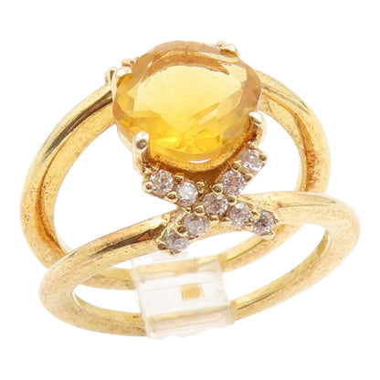 925 Sterling Silver Vintage Ring Gold Plated Citrine & CZ Band  Sz 6.5  RG35517