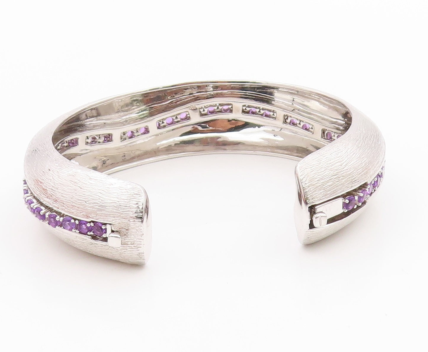 925 Sterling Silver Vintage Bracelet Modernist Amethyst Chain Inlay Cuff BT11351