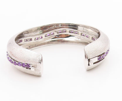 925 Sterling Silver Vintage Bracelet Modernist Amethyst Chain Inlay Cuff BT11351