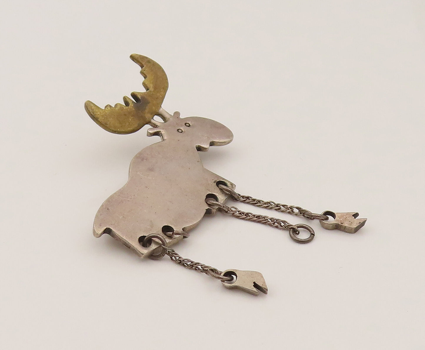MEXICO 925 Silver  Vintage Two Tone Animal Dangle Chain Brooch Pin  BP10235