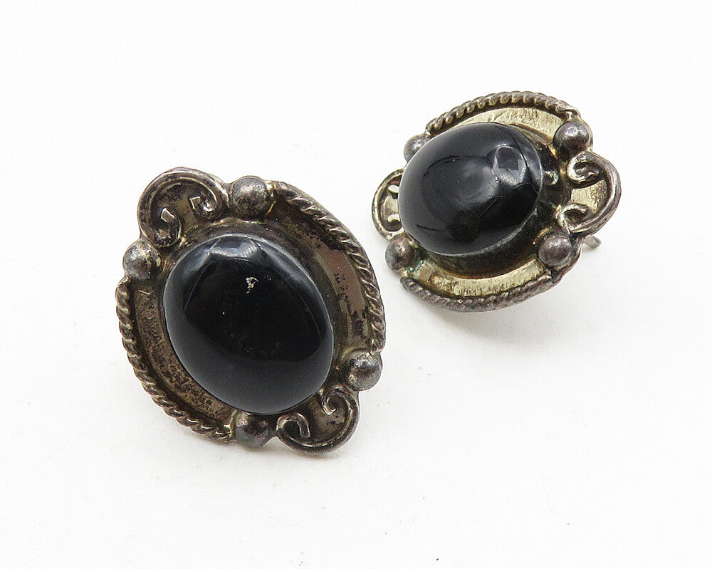 925 Sterling Silver  Vintage Black Onyx Dark Tone Twist Drop Earrings  EG5817