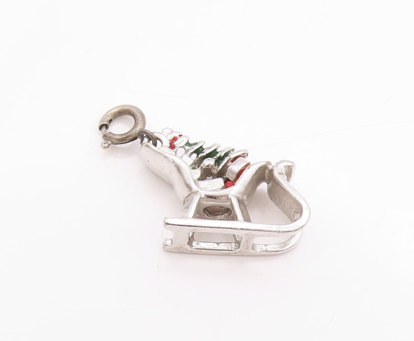 925 Sterling Silver Vintage Pendant Enameled Christmas Tree & Sled Charm PT24688