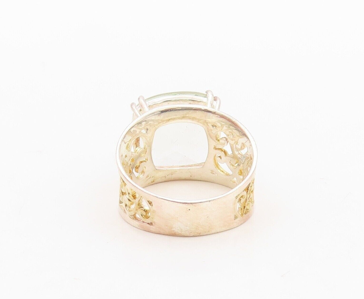 925 Sterling Silver Vintage Ring Gold Plated Carved Green Amethyst Sz 7  RG30072