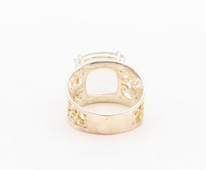 925 Sterling Silver Vintage Ring Gold Plated Carved Green Amethyst Sz 7  RG30072