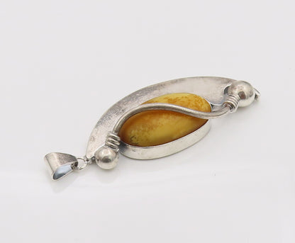 925 Sterling Silver Vintage Large Half Moon Honey Yellow Agate Pendant PT22167